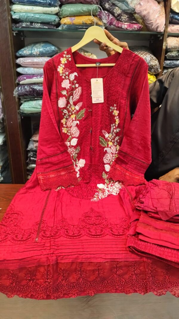 Premium Karachi Suit D No 1002 – Hot Red Satin Rayon, Heavy Embroidery, Cutwork and Handwork Detailing – Sizes M to XXL Available