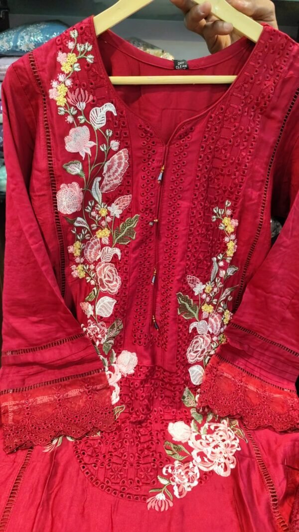Premium Karachi Suit D No 1002 – Hot Red Satin Rayon with Heavy Embroidery & Handwork