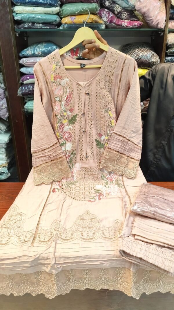 Premium Karachi Suit D No 1002 in Beige – Satin Rayon with Heavy Embroidery, Cutwork, Hand Embellishments – M to XXL Sizes Available