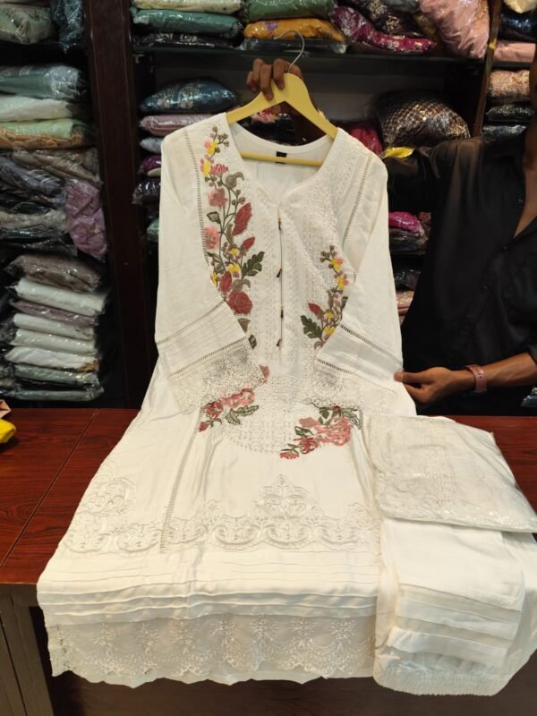 Premium Karachi Suit D No 1002 in White – Satin Rayon with Heavy Embroidery, Cutwork, Hand Embellishments – M to XXL Sizes Available