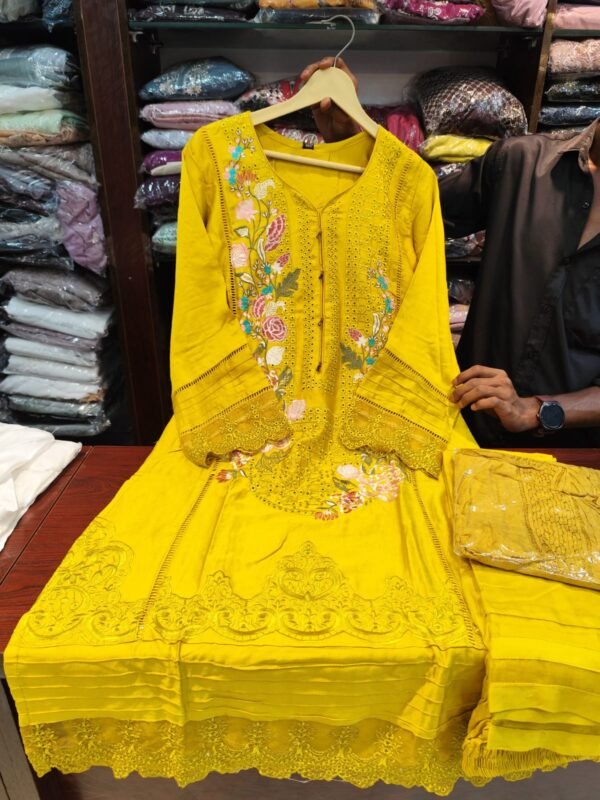 Premium Karachi Suit D No 1002 in Yellow – Satin Rayon with Heavy Embroidery, Cutwork, Hand Embellishments – M to XXL Sizes Available
