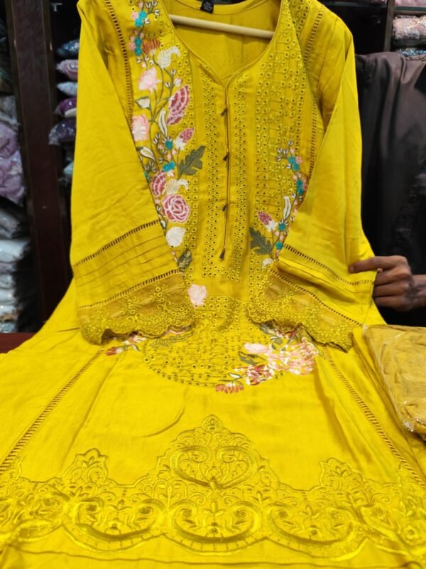 Premium Karachi Suit D No 1002 – Yellow Satin Rayon with Heavy Embroidery