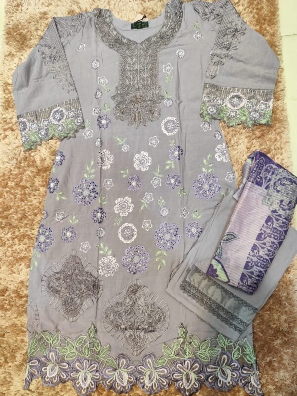 Premium Karachi Suit D No 1001 in Powder Blue – Satin Rayon Fabric with Heavy Embroidery, Cutwork, and Handwork Embellishments – Plus Sizes Available