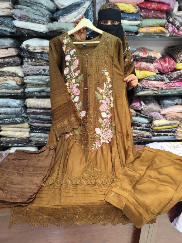 Premium Karachi Suit D No 1002 in Brown – Satin Rayon with Heavy Embroidery, Cutwork, Hand Embellishments – M to XXL Sizes Available