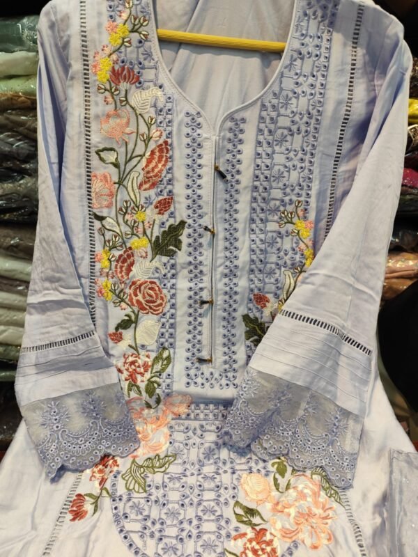 Premium Karachi Suit D No 1002 – Powder Blue Satin Rayon, Heavy Embroidery, Cutwork and Handwork Detailing – Sizes M to XXL Available