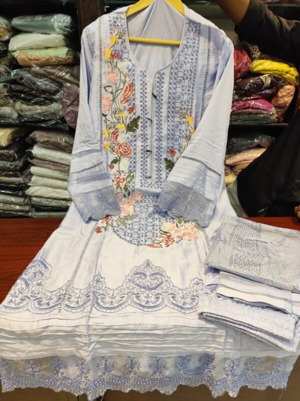 Premium Karachi Suit D No 1002 – Powder Blue Satin Rayon, Heavy Embroidery, Cutwork and Handwork Detailing – Sizes M to XXL Available
