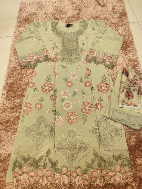 Premium Karachi Suit D No 1001 in Pista Green – Satin Rayon with Heavy Embroidery, Cutwork, Hand Embellishments – M to 3XL Sizes Available