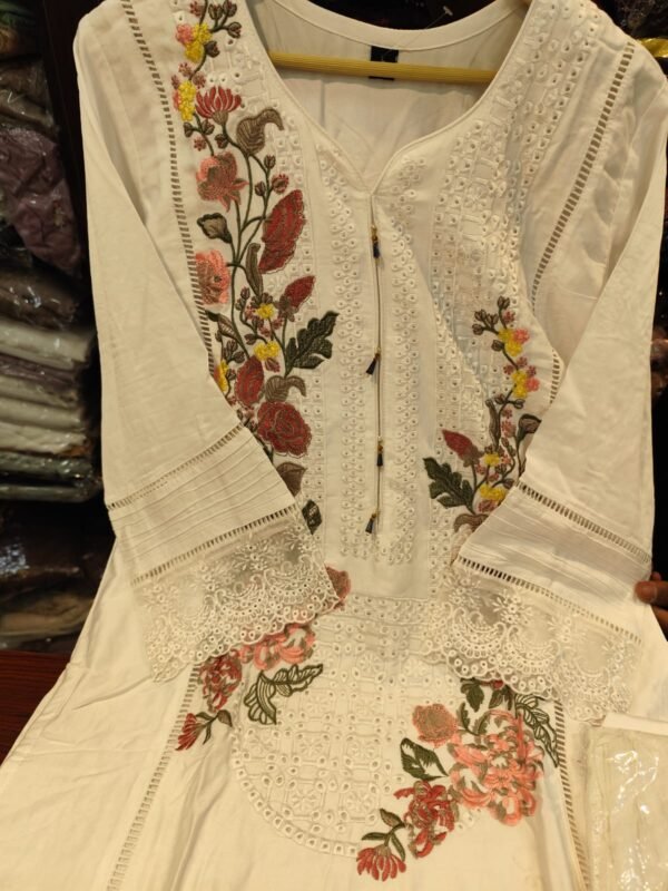Premium Karachi Suit D No 1001 in Pure White – Satin Rayon with Heavy Embroidery, Cutwork, and Handwork Embellishments – Plus Sizes Available