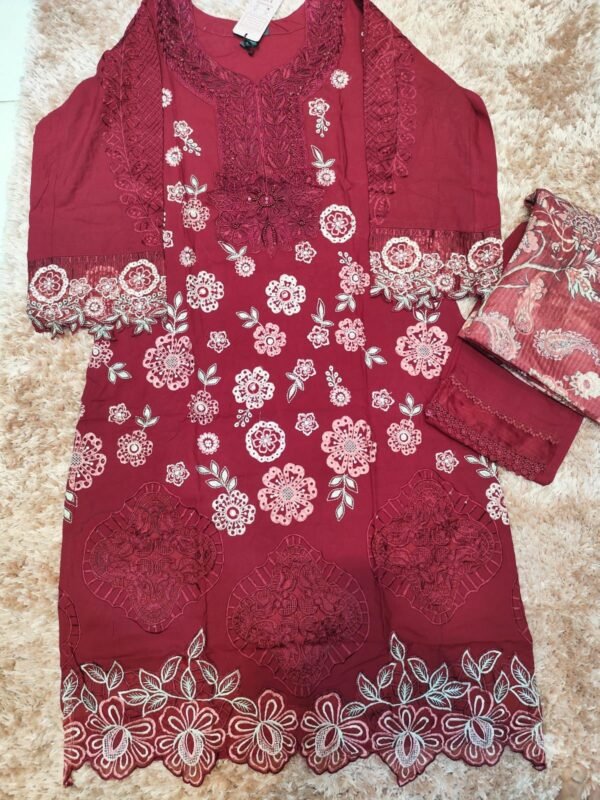 Premium Karachi Suit D No 1001 – Hot Red | Embroidered Satin Rayon Suit with Cutwork & Hand Embellishments
